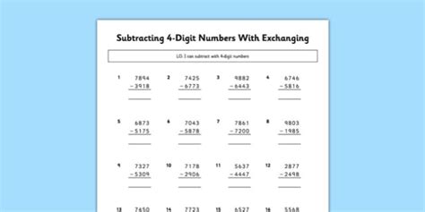 Subtracting 4 Digit Numbers with Exchanging Worksheet.